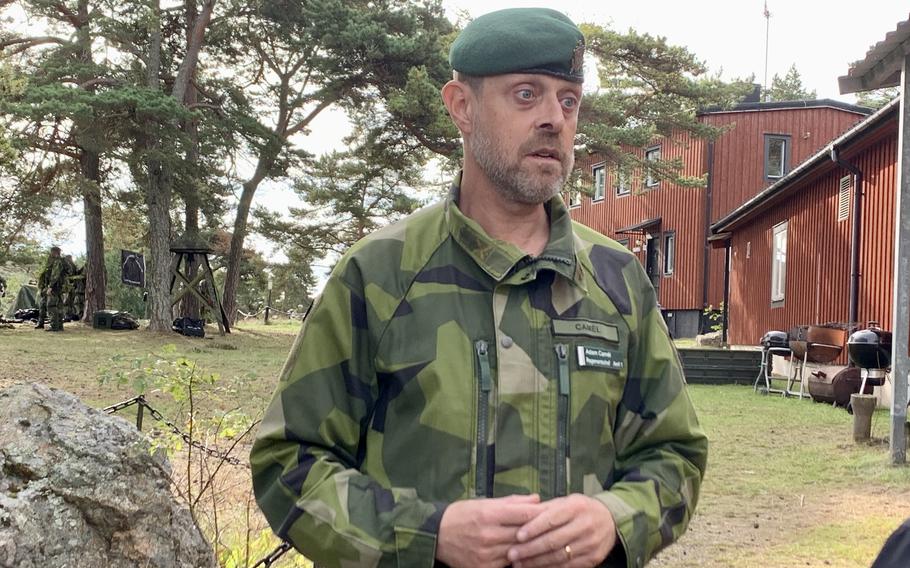 Col. Adam Camel, commander of Sweden's 1st Marine Regiment, speaks with reporters during the joint military exercise Archipelago Endeavor 23 on Sept. 13, 2023. Camel said the exercise sends a signal to Russia that NATO forces are getting better and more lethal.  