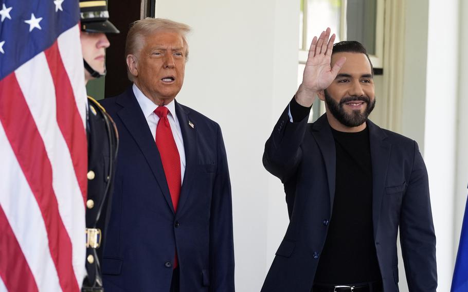 Donald Trump and Nayib Bukele standing side by side, Trump mid-sentence and Bukele smiling and waving.
