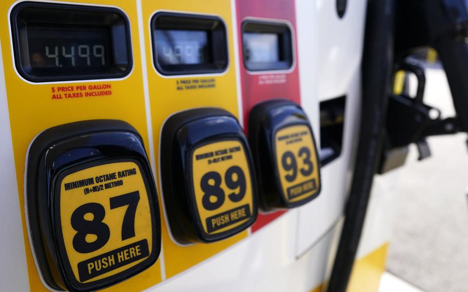 Gasoline prices are displayed at a gas station in Vernon Hills, Ill., Friday, April 1, 2022. The average U.S. price of regular-grade gasoline jumped 15 cents over past two weeks to $4.38 per gallon.
