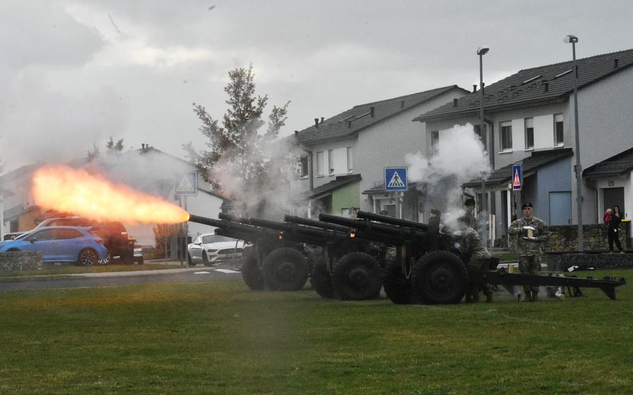 The 529th Military Police ceremonial guard fires a 21-gun salute during the 56th Artillery Command's reactivation ceremony, Nov. 8, 2021, in Wiesbaden, Germany. 