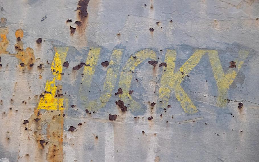 The side of the M4A3 Sherman tank, nicknamed “Lucky.”