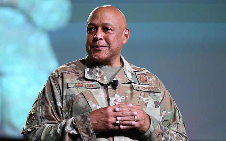 Air Force Gen. Anthony Cotton is pictured on Aug. 17, 2022, speaking with airmen during a symposium in San Antonio. Cotton has been nominated to be the next top commander of U.S. Strategic Command.