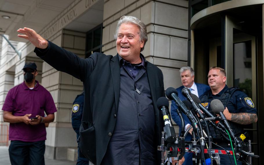 Steve Bannon speaks to crowds outside of the E. Barrett Prettyman U.S. Courthouse in Washington. 