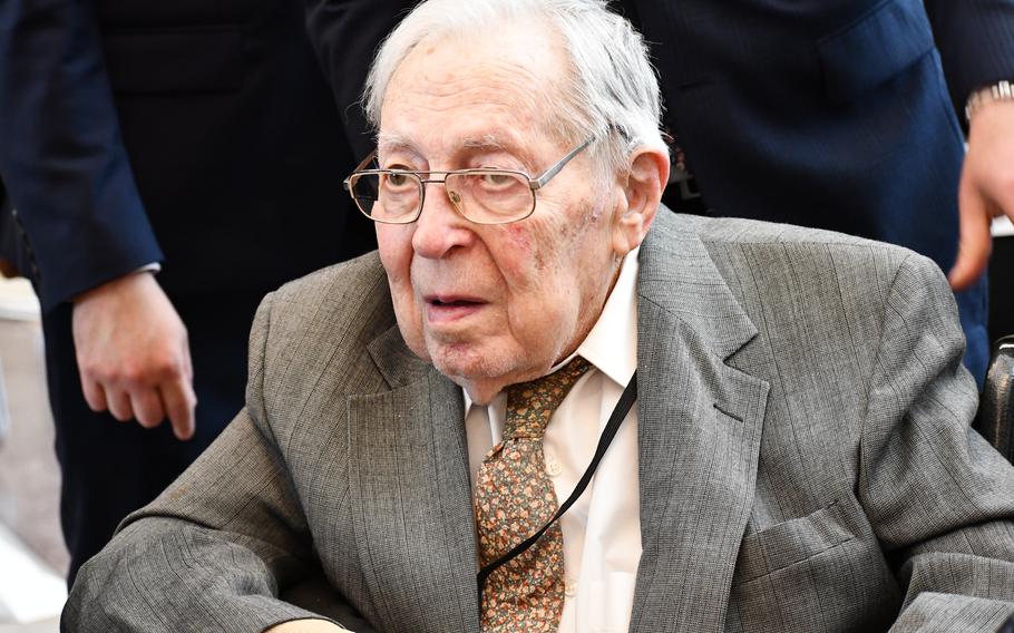 Veteran Seymour Nussenbaum sits in attendance at a Congressional Gold Medal ceremony honoring the Ghost Army at the U.S. Capitol.