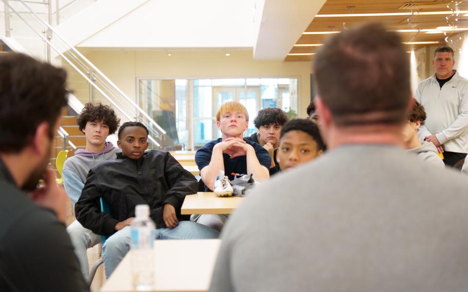 Ivy League football players take part in a Q&A session with members of the Yokota High School Panthers at Yokota Air Base, Japan, Jan. 19, 2024.