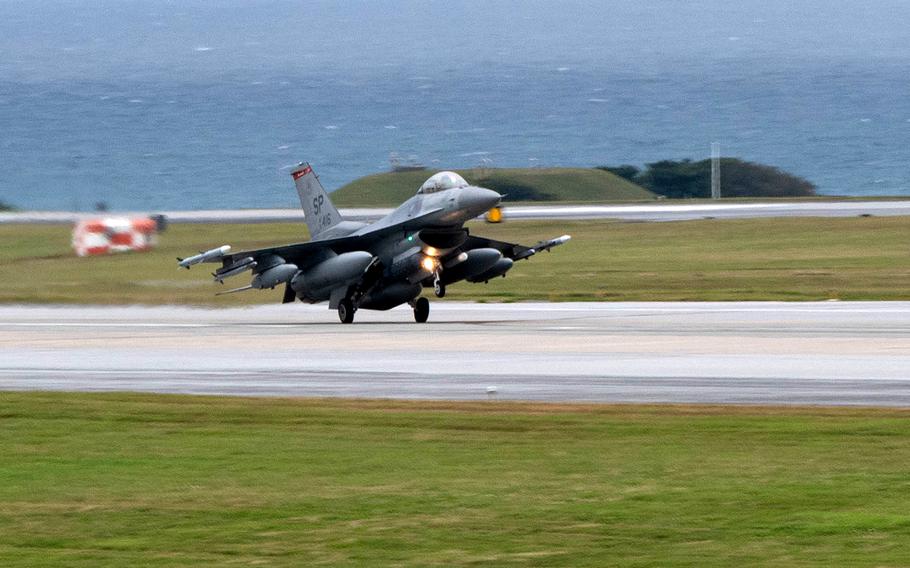 A U.S. Air Force F-16C assigned to the 52nd Fighter Wing, Spangdahlem Air Base, Germany, lands at Kadena Air Base, Japan, Jan. 16, 2023. A contingent of F-16s from Spangdahlem will support operations at Kadena and the western Pacific region, alongside  F-22s from Elmendorf Air Force Base, Alaska. 