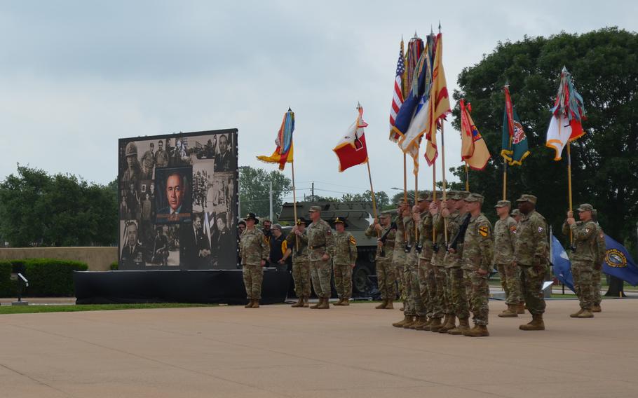 A color guard displays the new flag of Fort Cavazos, Texas, during a ceremony Tuesday, May 9, 2023, to rename the base formerly known as Fort Hood in honor of Army Gen. Richard Cavazos. 