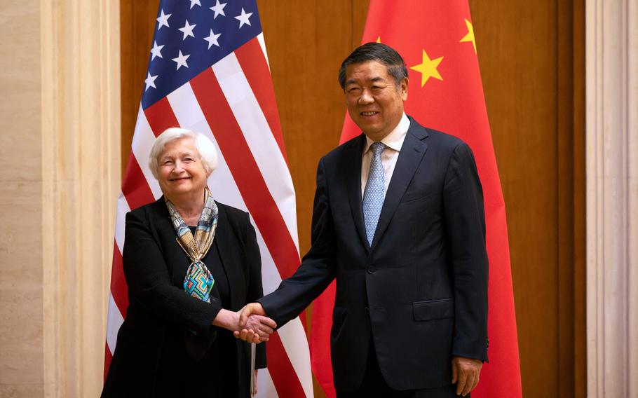 Treasury Secretary Janet Yellen shakes hands with Chinese Vice Premier He Lifeng during a meeting at the Diaoyutai State Guesthouse on Saturday, July 8, 2023, in Beijing.
