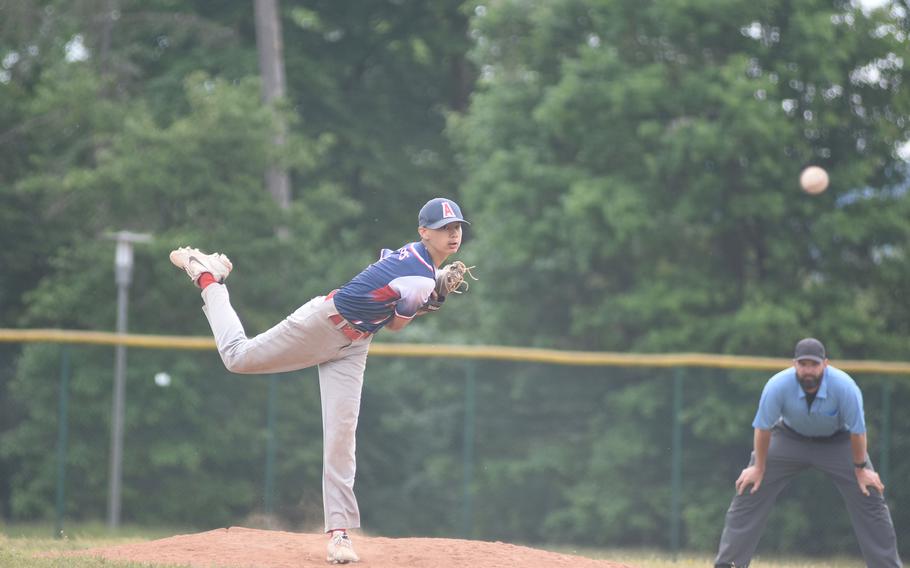 Aviano's Jonathan Sanchez came into save the Saints' 10-6 victory against Spangdahlem on the opening day of the DODEA-Europe Division II/III baseball championships at Ramstein Air Base, Germany.