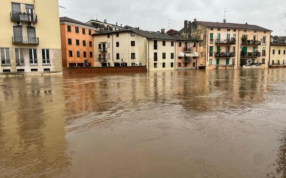 Floodwaters cover a street in Ponte di Debba, Italy, on Wednesday, Feb. 28, 2024, as the Vicenza area was hit with more than 4 inches of rain. Defense Department schools at U.S. military bases in Vicenza were closed Wednesday as a result of the storm.
