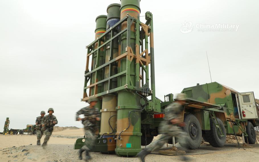 The Chinese military trains with its HQ-16 medium-range air-defense missiles during an exercise in August 2020. 