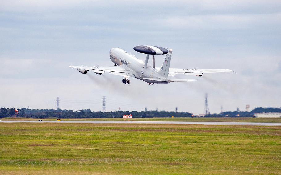 An E-3G Sentry assigned to the 961st Airborne Air Control Squadron takes off at Kadena Air Base, Okinawa, Jan. 13, 2022.