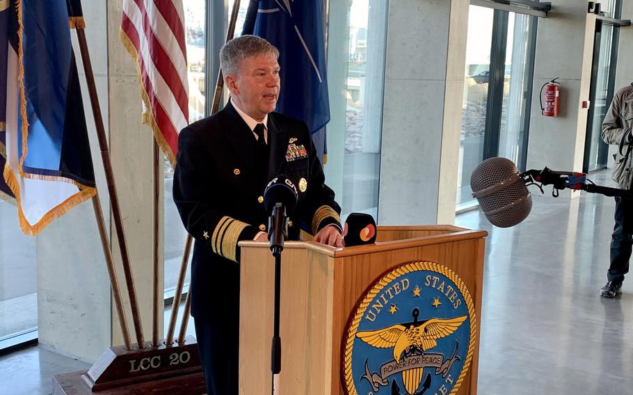 Vice Adm. Thomas Ishee, commander of U.S. 6th Fleet and Naval Striking and Support Forces NATO, speaks to reporters Saturday, June 2, 2023 in Tallinn, Estonia. 