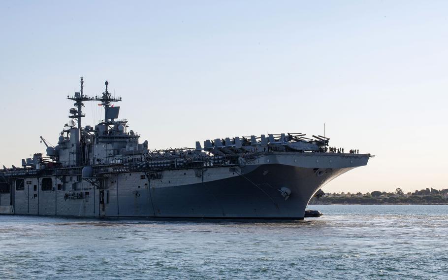 The amphibious assault ship USS Wasp pulls into port at Naval Station Rota, Spain, June 25, 2024. 