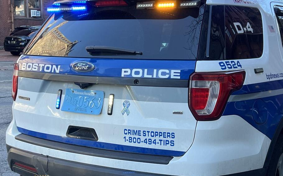 The back window and bumper of a Boston Police cruiser.