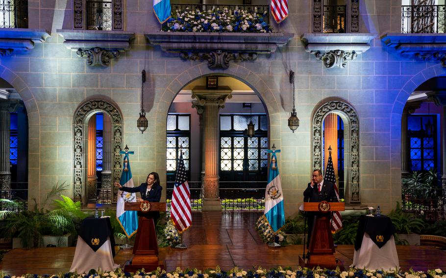 Vice President Kamala Harris and Guatemala's President Alejandro Giammattei at the Palacio Nacional de la Cultura  on June 7, 2021. 