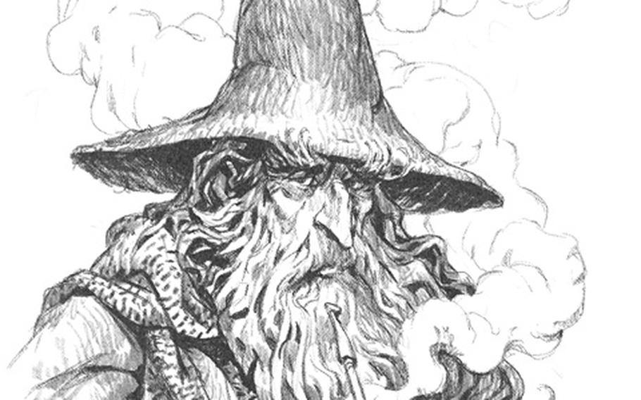Gandalf enjoys a pipe in an illustration from the core rule book of The Lord of the Rings Roleplaying game.