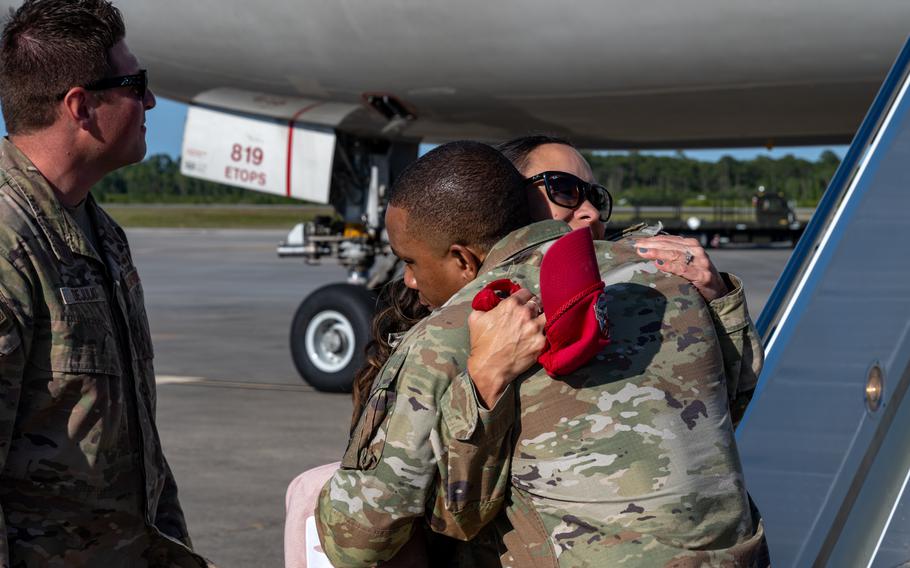 U.S. Air Force airmen assigned to the 823rd Rapid Engineer Deployable Heavy Operational Repair Squadron Engineer return home to Hurlburt Field, Fla., Sunday, April 14, 2024.