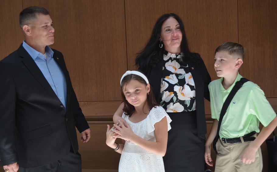 Lt. Col. Shane Vinales, his wife Becky, and their children Landon, 11, and Savannah, 9, outside a San Antonio federal courtroom June 23, 2023, following a jury awarding them more than $91,000 in a lawsuit that they filed against Hunt Military Communities for a home that they rented at Joint Base San Antonio-Randolph Air Force Base, Texas.