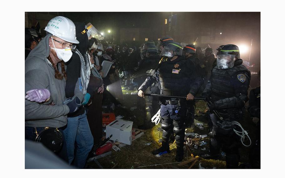 Authorities breach and break up a the Pro-Palestinian encampment at UCLA on Thursday, May 2, 2024, in Los Angeles. 