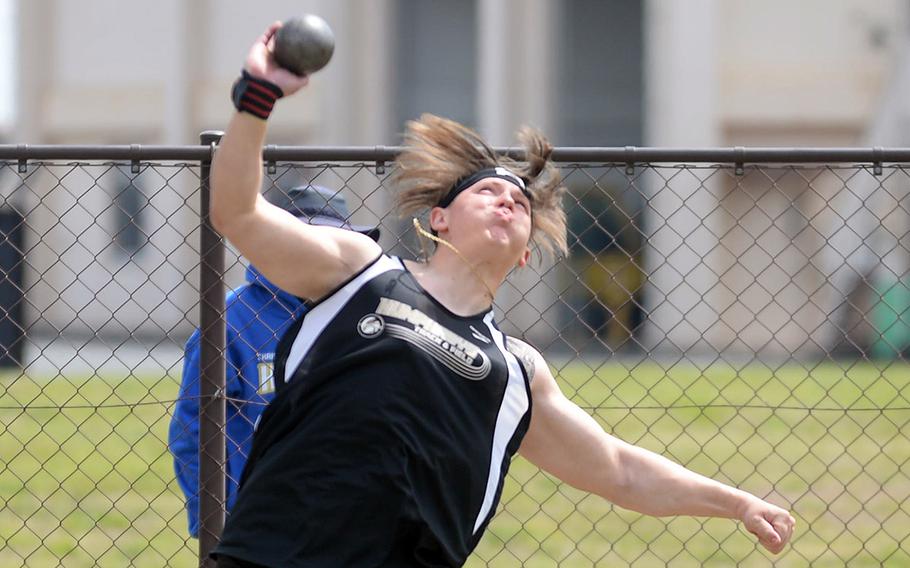 Humphreys senior Ethan Elliott heaves the shot a Far East meet record 15.12 meters on his first attempt Tuesday.