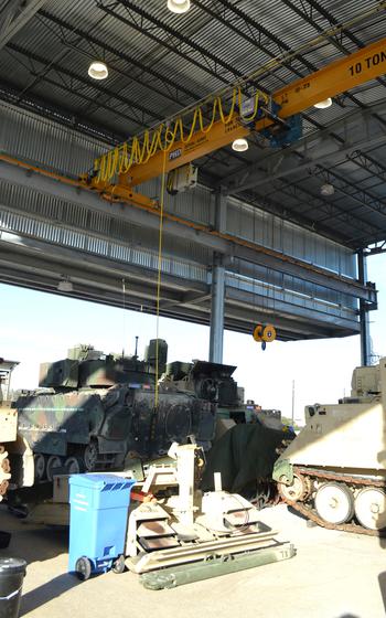A 10-ton overhead crane used for maintenance on heavy track vehicles in a motor pool at Fort Cavazos, Texas, on Tuesday, Feb. 20, 2024. 