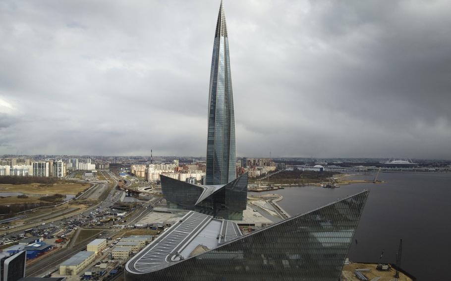 A view of the business tower Lakhta Centre, the headquarters of Russian gas monopoly Gazprom in St. Petersburg, Russia, Wednesday, April 27, 2022. Russia’s state-owned natural gas corporation says it has halted shipments to Latvia because of contract violations. In a brief statement, gas giant Gazprom said the shipments were stopped because Latvia broke “terms for extraction of gas.” It didn’t elaborate. The statement likely referred to a refusal to meet Russia’s demand for gas payments in rubles rather than other currencies.