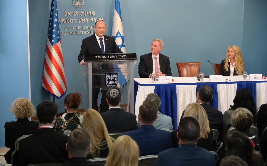 Israeli Prime Minister Naftali Bennett meets with an AIPAC organized delegation of Republican members of the U.S. Congress, led by then-House Minority Leader Kevin McCarthy, on Feb. 21, 2022, in Jerusalem. 
