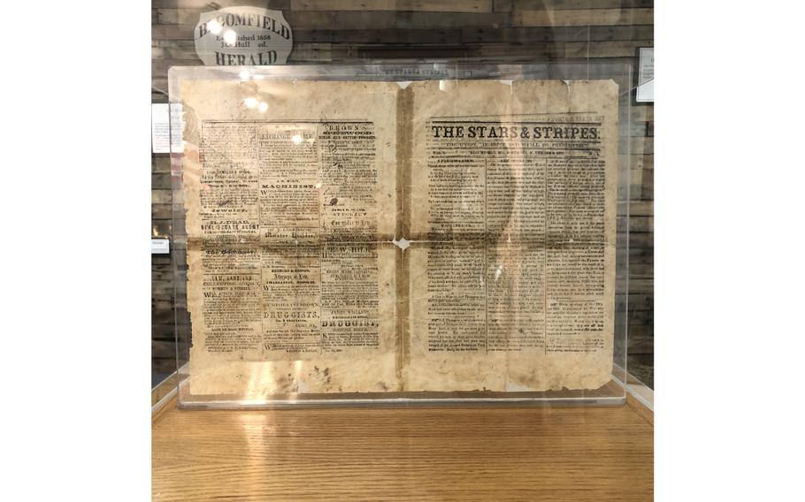 A copy of the first Stars and Stripes newspaper is on display at the Stars and Stripes National Museum and Library in Bloomfield, Mo., on Sept. 4, 2021. The newspaper was first printed in the small southern Missouri town by Union troops in 1861. 