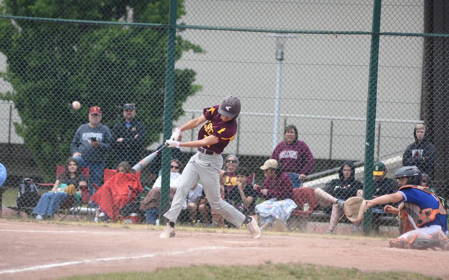 Vilseck's Americo Conteras sends the ball into play Thursday, May 22, 2025, at the DODEA-Europe Division I baseball championships on Ramstein Air Base, Germany.