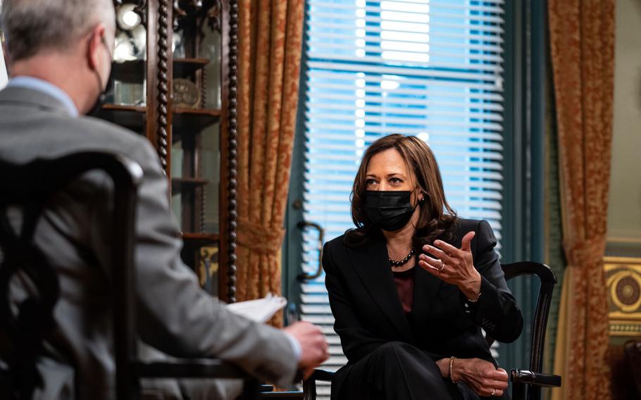 Vice President Kamala Harris speaks during an interview in the Eisenhower Executive Office Building on the White House Complex on Dec. 17, 2021 in Washington, DC. 