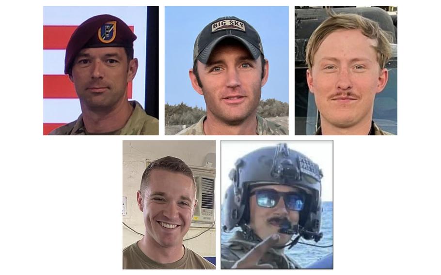 Top, from left: Chief Warrant Officer 3 Stephen R. Dwyer, 38; Chief Warrant Officer 2 Shane M. Barnes, 34; and Staff Sgt. Tanner W. Grone, 26. Bottom, from left: Sgt. Andrew P. Southard, 27, and Sgt. Cade M. Wolfe, 24. The five special operations soldiers were killed in the crash of an MH-60 Blackhawk, Friday, Nov. 10, 2023.