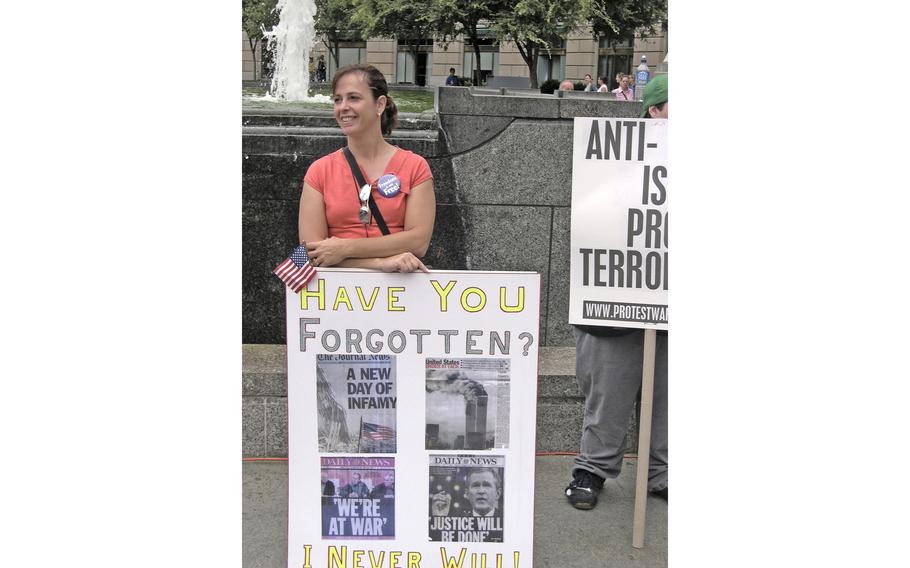 Counter-demonstrators gather at the Navy Yard in Washington, blocks from the National Mall, where anti-war protesters were assembling for their march Sept. 24, 2005.  