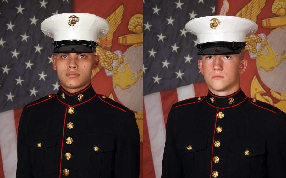 U.S. Marine Corps Lance Cpl. Jonathan E. Gierke, left, and Pfc. Zachary W. Riffle died in a tactical vehicle rollover Jan. 19, 2022, on a highway near Camp Lejeune, N.C.