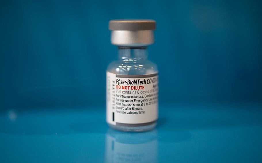 A vial of the Pfizer-BioNTech Covid-19 vaccine is seen at a clinic set up in a church in Lansdale, Pa., on Apr. 5, 2022. 