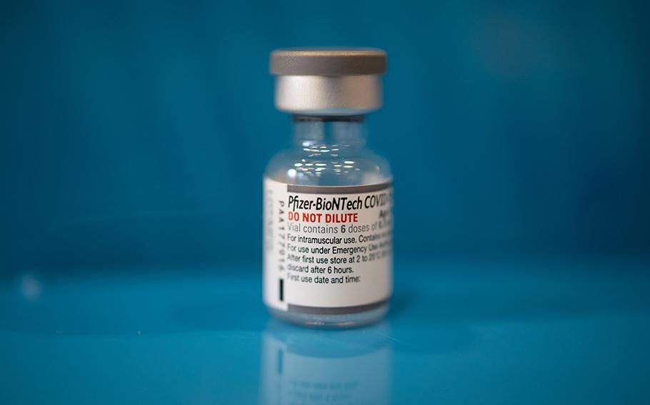 A vial of the Pfizer-BioNTech Covid-19 vaccine is seen at a clinic set up in a church in Lansdale, Pa., on Apr. 5, 2022. 