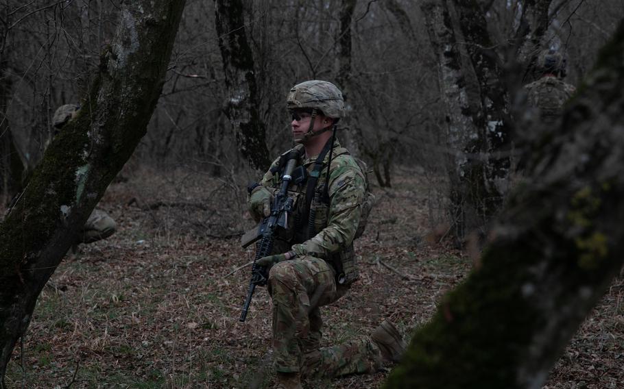 Sgt. Devon Eaker, 1st Battalion, 16th Infantry Regiment, participates in a rescue training mission at Mihail Kogalniceanu Military Base, Romania, Jan. 28, 2022. On Feb. 11, NATO Secretary-General Jens Stoltenberg visited the base and said a proposal has been made to station a NATO battlegroup in Romania.
