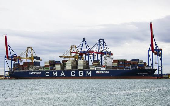 In this photo provided by Manuel Hernandez Lafuente, the CMA CGM Symi is seen at port in Valencia, Spain, Oct. 22, 2023. A container ship owned by an Israeli billionaire came under attack by a suspected Iranian drone in the Indian Ocean as Israel wages war on Hamas in the Gaza Strip, an American defense official said Saturday, Nov. 25, 2023. (Manuel Hernandez Lafuente via AP)