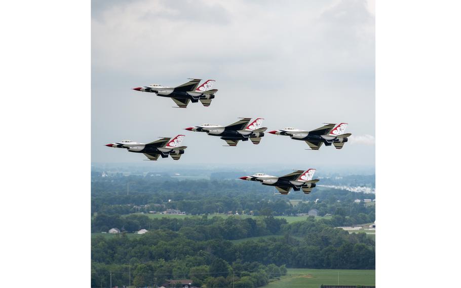 The U.S. Air Force Air Demonstration Squadron performs at the Dayton Air Show in Dayton, Ohio, July 10, 2021. The Thunderbirds will headline this year’s Dayton Air Show on July 22-23, 2023.