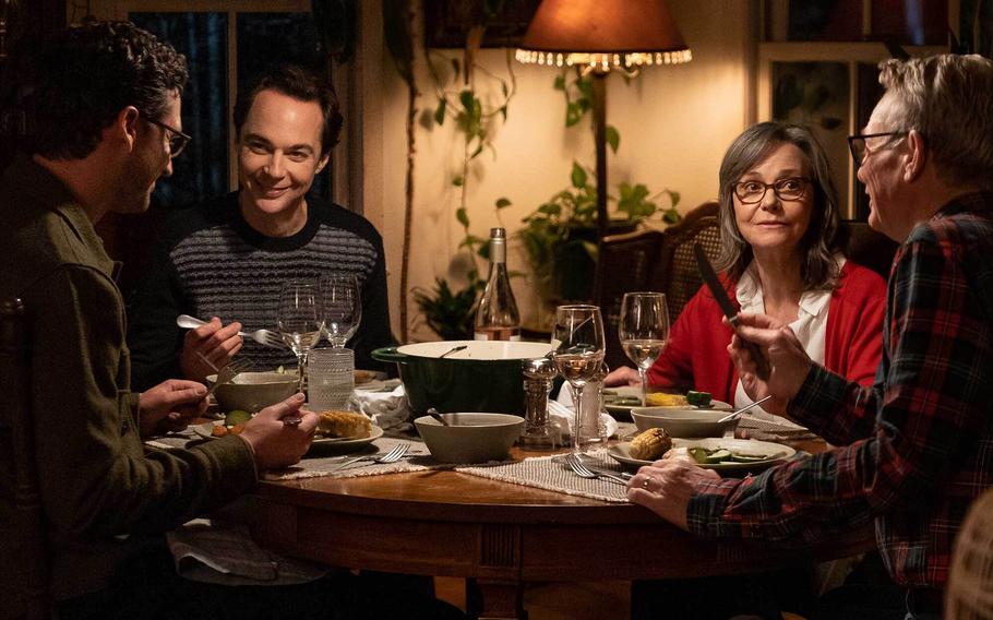 From left: Ben Aldridge, Jim Parsons, Sally Field and Bill Irwin star in the tear-jerker “Spoiler Alert.”