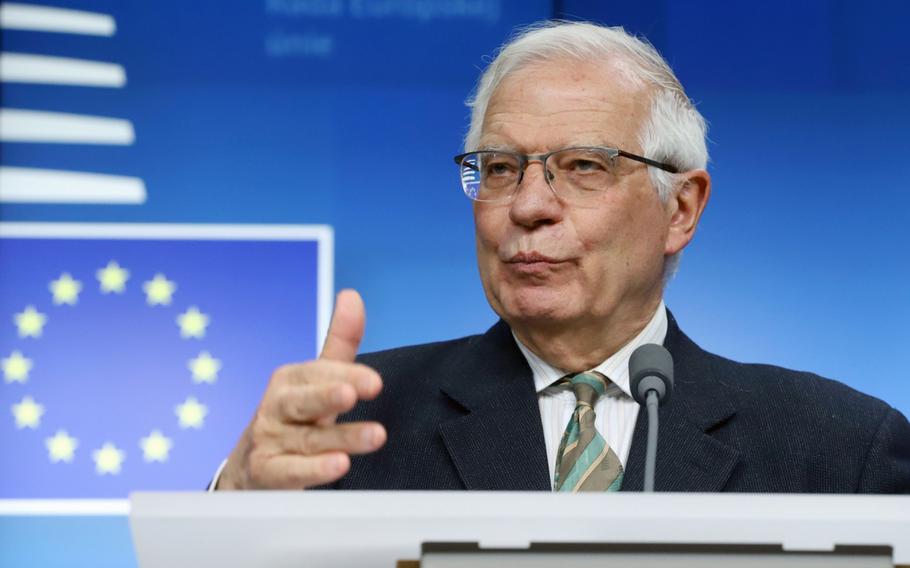 Josep Borrell, vice president of the European Commission, speaks during a news conference following a Foreign Affairs Council and Defense Ministers meeting at the E.U. Council headquarters in Brussels on March 21.