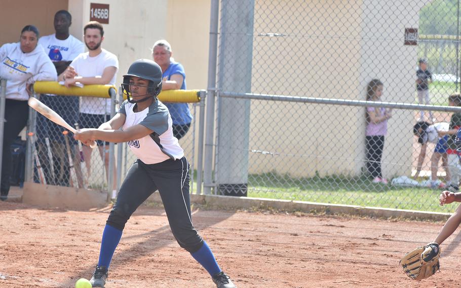 Hohenfels' Jaz Campbell put the bat on the ball, but was called out at first base on Saturday, April 30, 2022.