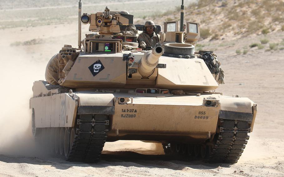 A M1A2 Abrams tank on a training exercise at the National Training Center at Fort Irwin, Calif.