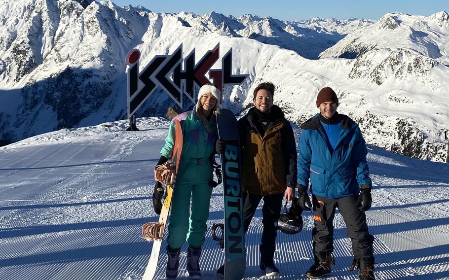 Tine Kirby, Kiefer Jones, center, and Kaleb Cross pose in front of the Ischgl sign at the ski resort by the same name in Austria’s eastern Alps on Jan. 14, 2022. The moment is one of Jones last memories before he slammed into a steel pole and suffered a traumatic brain injury while snowboarding. The former Ramstein airman is recovering at his home in Italy, where he’s a contractor at Aviano Air Base.