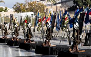 Five battlefield crosses are displayed in honor of five Marines of Marine Heavy Helicopter Squadron (HMH) 361, Marine Aircraft Group 16, 3rd Marine Aircraft Wing, during a memorial ceremony at Marine Corps Air Station Miramar, California, Feb. 16, 2024. More than 550 Marines, family and friends gathered to pay tribute to the five Marines who lost their lives as the result of a CH-53E mishap on Feb. 6, 2024, in Pine Valley, California. (U.S. Marine Corps photo by Staff Sgt. Antonio De La Fuente)