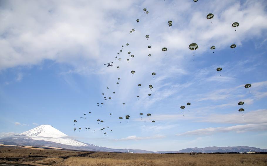 Air Force C-130J Super Hercules aircraft recently flew Japanese paratroopers and cargo loads from Yokota Air Base in western Tokyo to a drop zone at Combined Arms Training Center Camp Fuji, Japan.