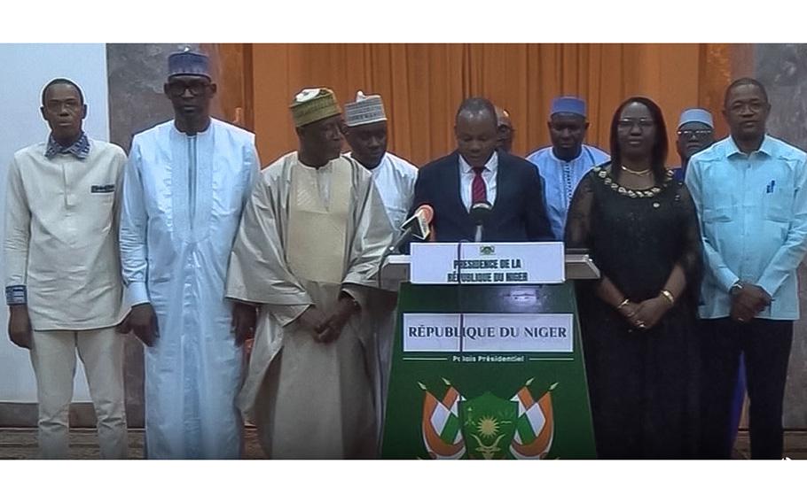 A video screen grab shows a briefing in which officials with Niger’s ruling junta order the French ambassador to leave the country. 