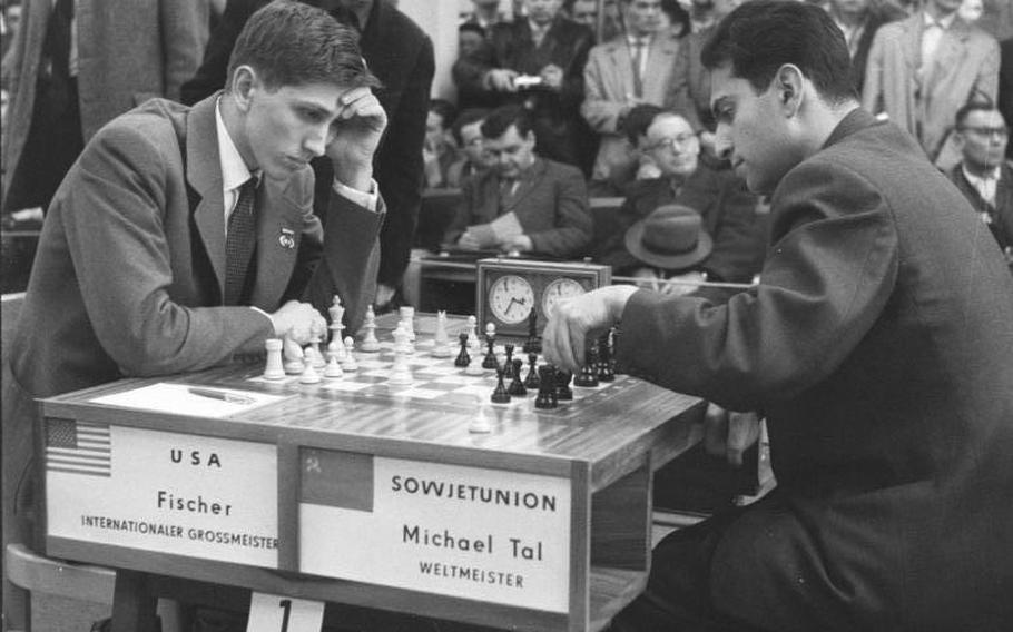 American chess player Bobby Fischer plays U.S.S.R. chess player Mikhail Tal on Oct. 28, 1960 during the Chess Olympiad in Leipzig, Germany.