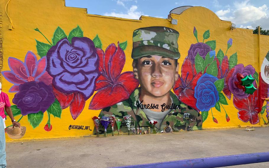 A mural of Vanessa Guillén painted by Fort Worth artist and Army Reserve member Juan Velázquez.