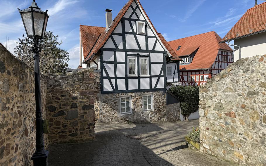 Half-timbered houses line the hill in Zwingernberg, Germany. The Bergstrasse, a road that runs roughly between Darmstadt and Heidelberg, is dotted with old villages and medieval castles.